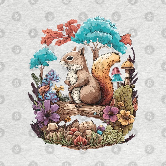 Cute Cottagecore Squirrel & Flowers by Sun Elk